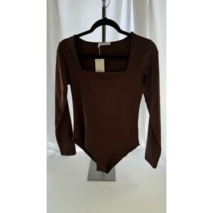 MANGOPOP Women's Square Neck Long Sleeve Tops Bodysuit brown Medium